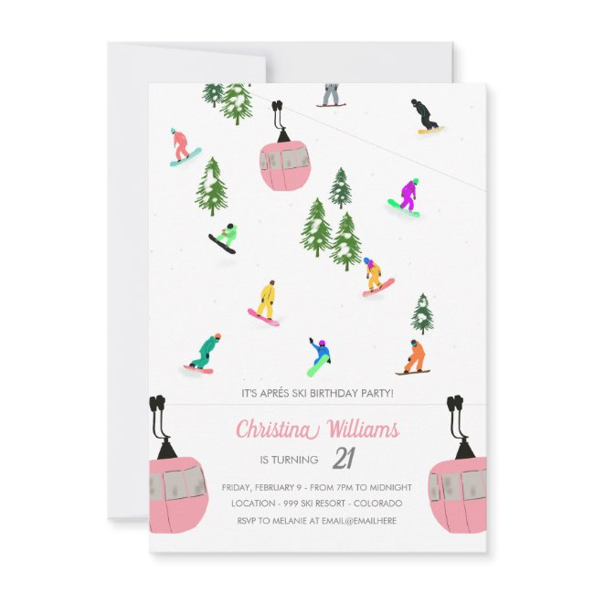 Pink Aprés Snowboard Snowboarding Birthday Invitation