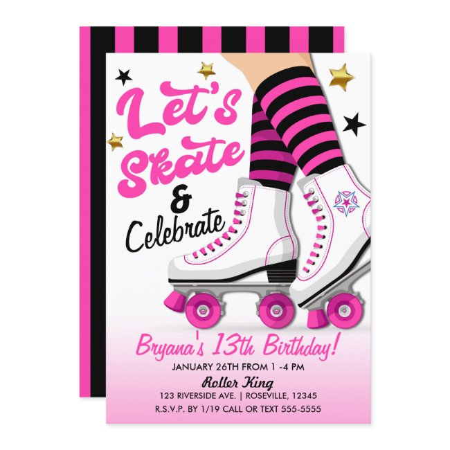 Pink & Black Roller Skate Skating Birthday Party Invitation