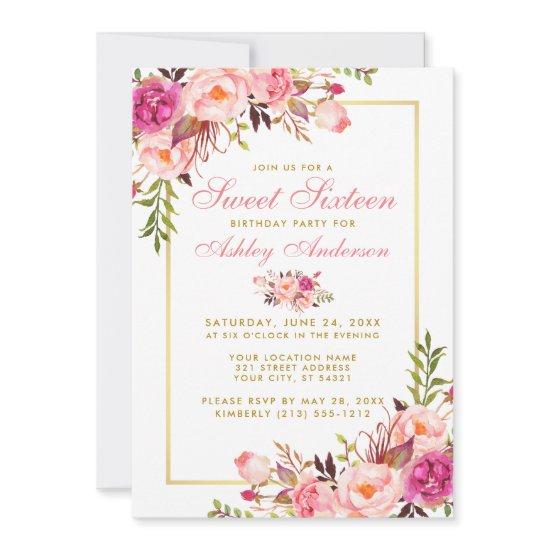Pink Blush Floral Gold Sweet 16 Birthday Invite