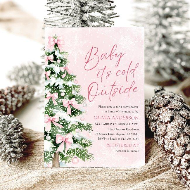 Pink Bow Baby It's Cold Outside Baby Shower Invitation