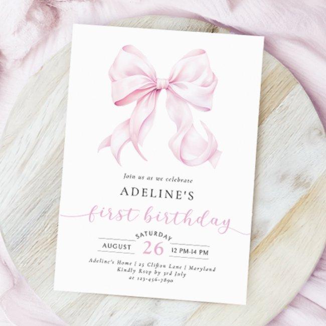 Pink Bow Coquette Girl First Birthday Invitation