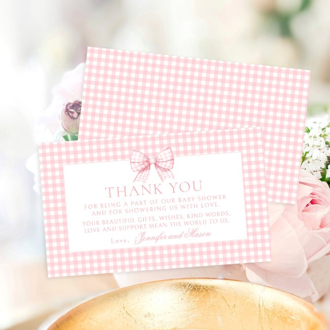 Pink Bow Gingham Sweet Baby Girl Shower Thank You Enclosure Invitations