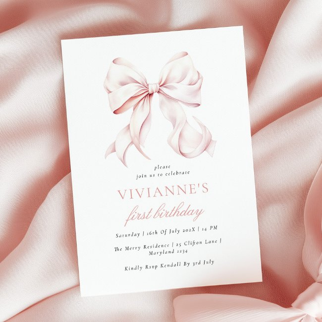 Pink Bow Girl First Birthday Invitation