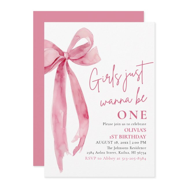 Pink Bow Girls Just Want To Be One 1st Birthday Invitation