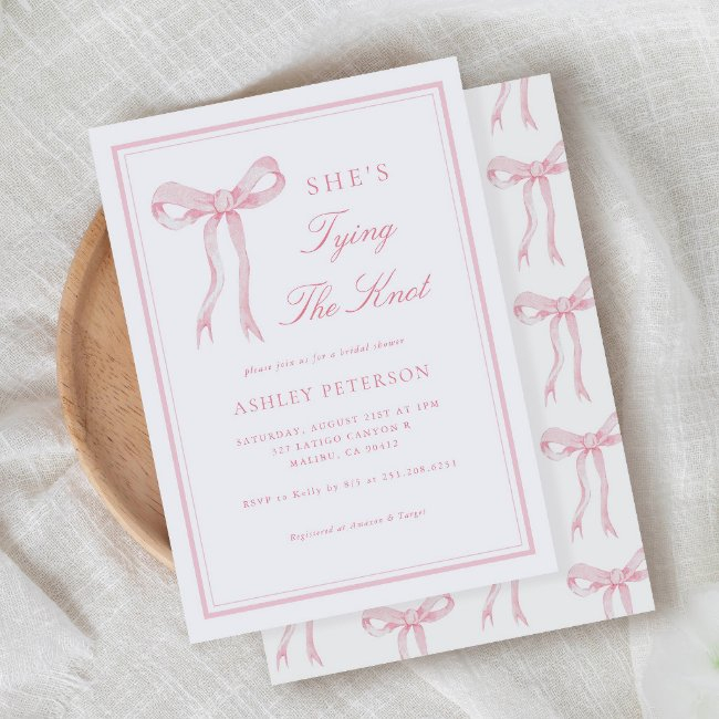 Pink Bow She's Tying The Knot Bridal Shower Invitation