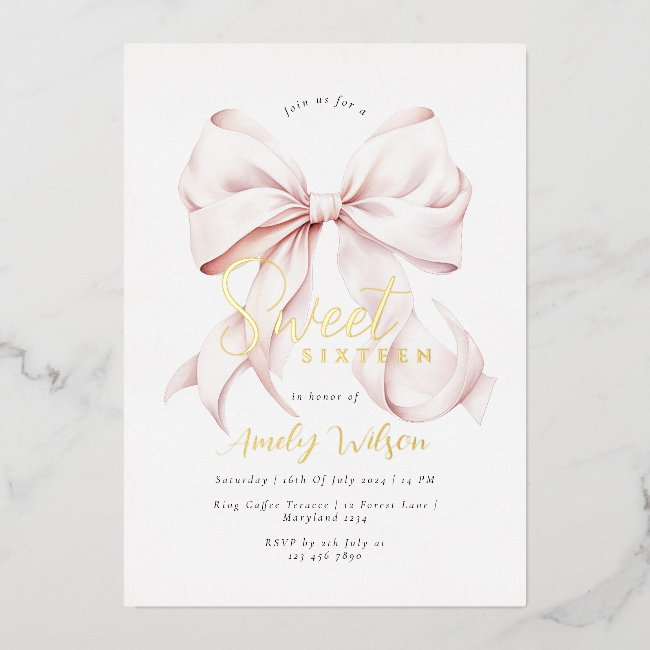 Pink Bow Sweet 16 Girl Foil Invitation