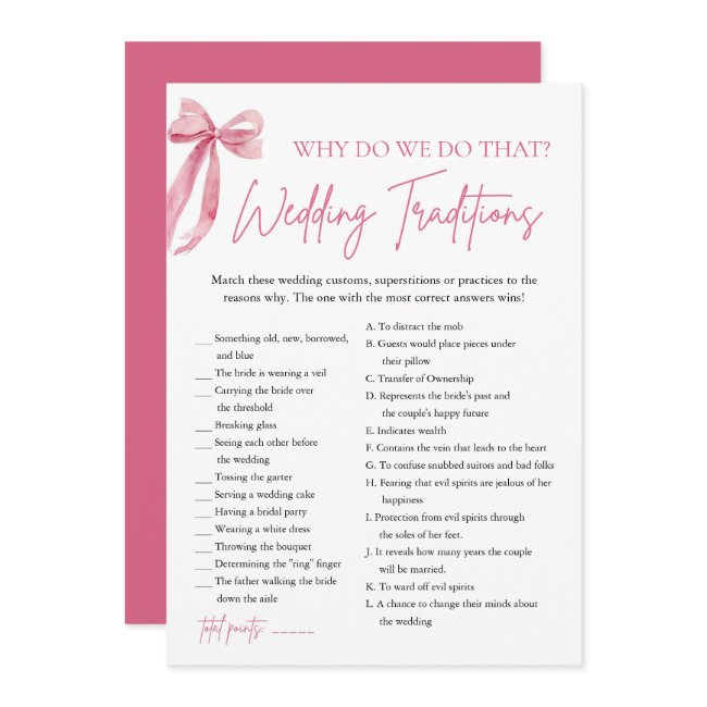 Pink Bow Wedding Traditions Bridal Shower Game Invitation