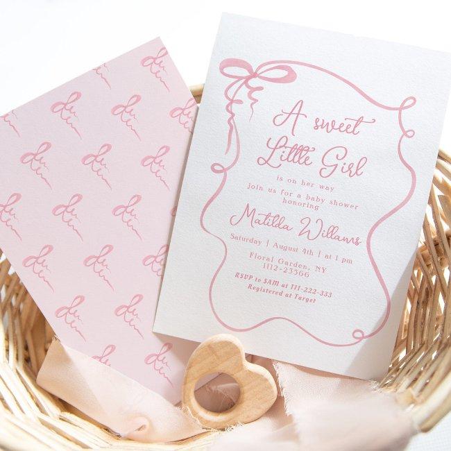 Pink Bow Whimsical Wavy Frame Girl Baby Shower Invitation