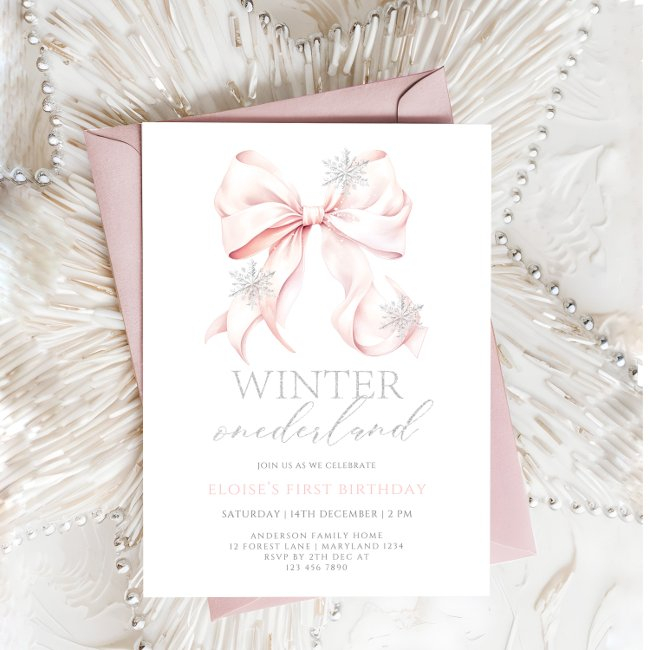 Pink Bow Winter Onederland 1st Birthday Invitation