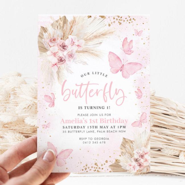 Pink Butterfly Boho Flowers 1st Birthday Floral Invitation
