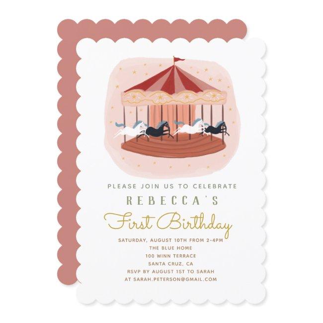 Pink Carousel First Birthday Invitation