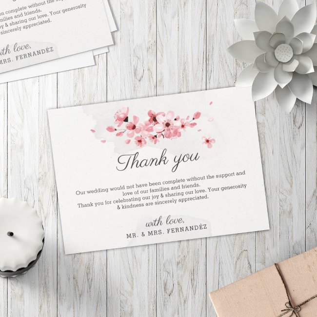 Pink Cherry Blossom Floral Elegant Chic Wedding Thank You Invitations