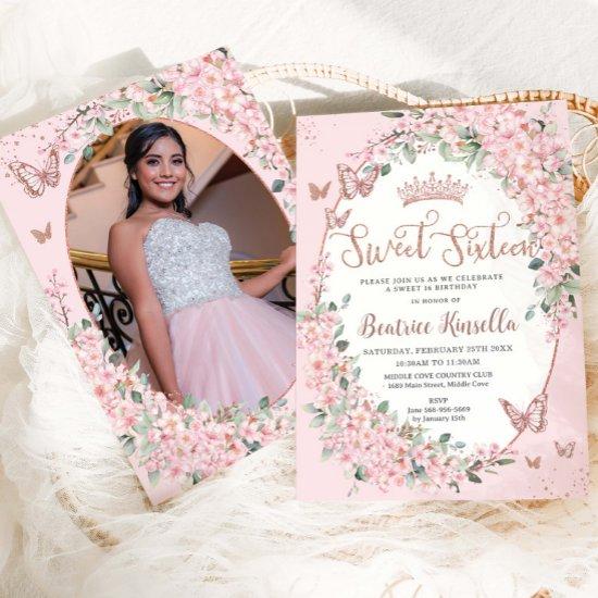 Pink Cherry Blossoms Floral Sweet Sixteen 16 Photo Invitation