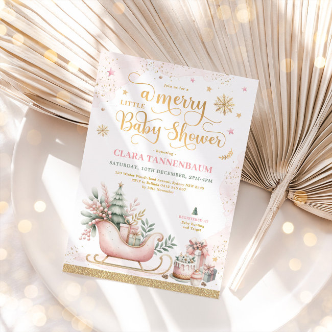 Pink Christmas Sleigh | A Merry Little Baby Shower Invitation