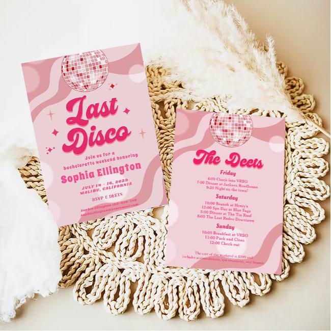 Pink Disco Retro Bachelorette Weekend Itinerary Invitation