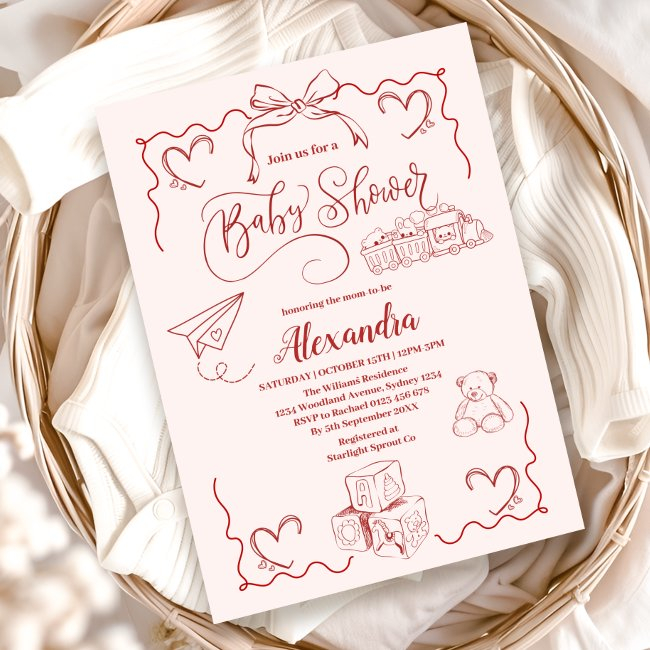Pink Doodle Toys Bow Baby Shower Invitation