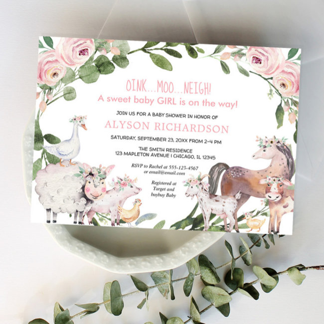 Pink Farm Animals Floral Barnyard Girl Baby Shower Invitation