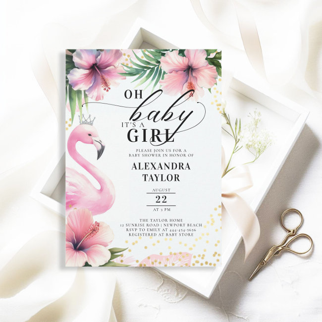 Pink Flamingo Tropical Pink Gold Girl Baby Shower Invitation