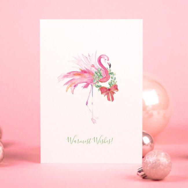Pink Flamingo With Wreath Beach Christmas Invitations