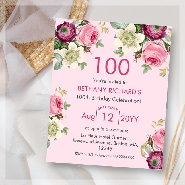 Pink Floral | 100th Budget Birthday Invitation