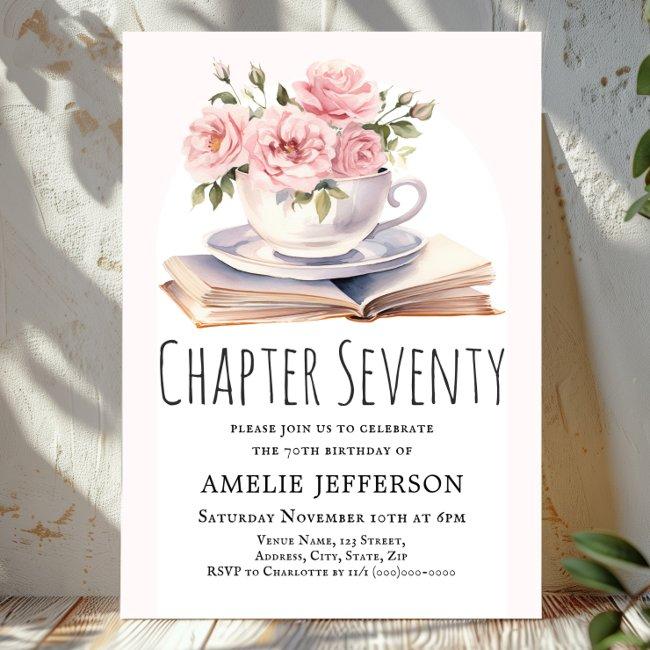 Pink Floral 70th Book Theme Birthday Invitation