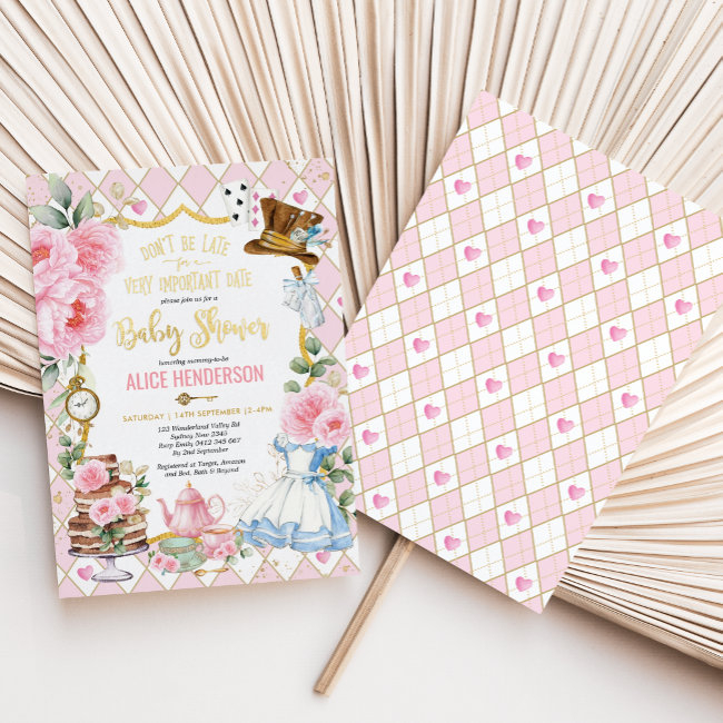 Pink Floral Alice In Wonderland Baby Shower Tea Foil Invitation