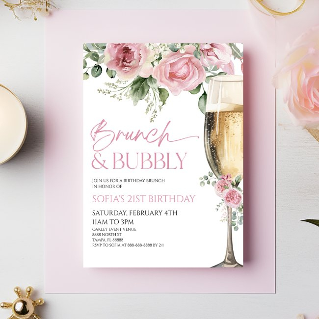 Pink Floral Brunch And Bubbly Birthday Brunch Invitation