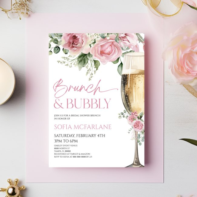 Pink Floral Brunch And Bubbly Bridal Shower Brunch Invitation