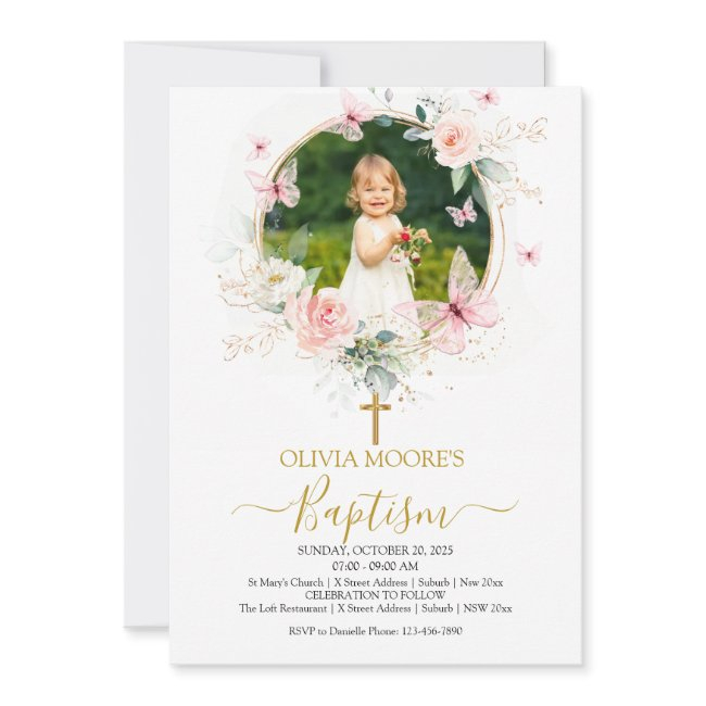 Pink Floral Butterfly Baptism Invitation