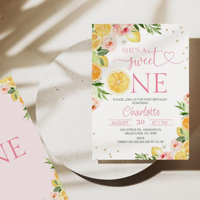 Pink Floral Citrus She's A Sweet One 1st Birthday Invitation