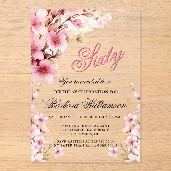 Pink Floral Elegance 60th Birthday Party Acrylic Invitations