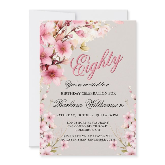 Pink Floral Elegance 80th Birthday Party Invitation