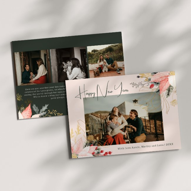 Pink Floral Four Photo Happy New Year Holiday Invitations