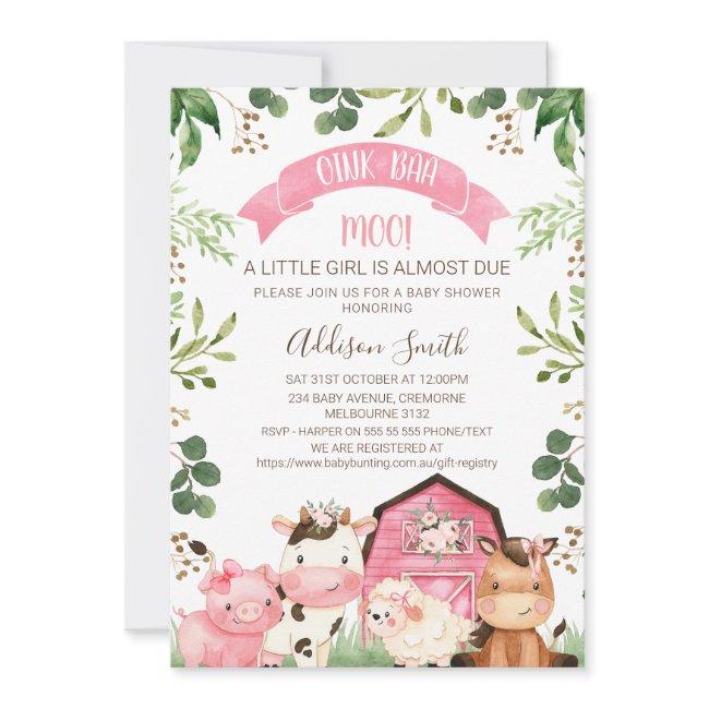 Pink Floral Greenery Farm Barn Baby Shower Invitation
