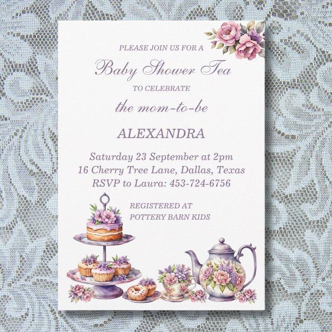 Pink Floral Lilac Whimsical Tea Baby Shower Invitation