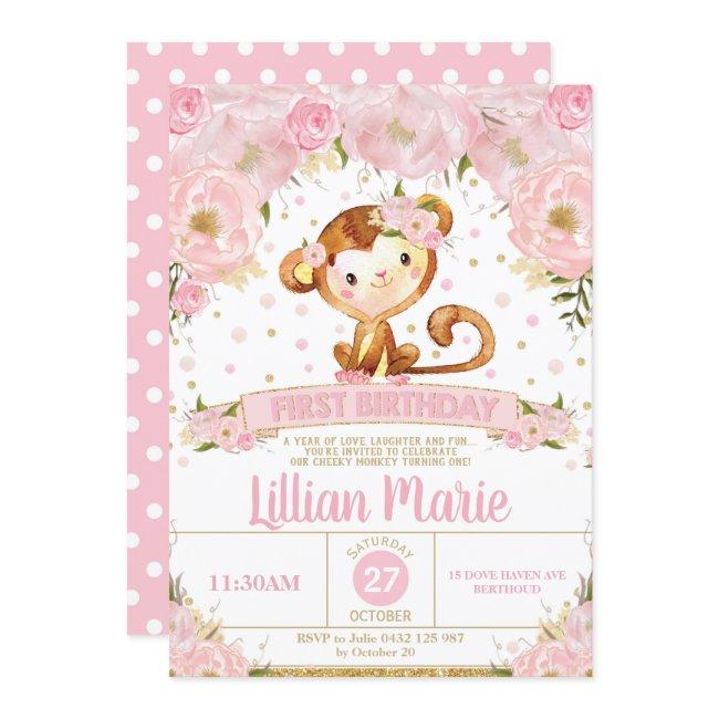 Pink Floral Monkey 1st Birthday Invitation Girl