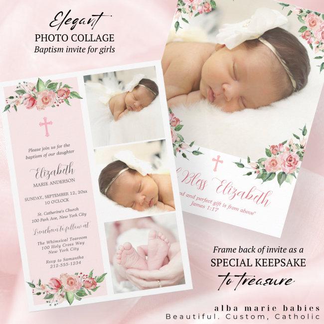 Pink Floral Multiphoto Baptism For Girls Invitation