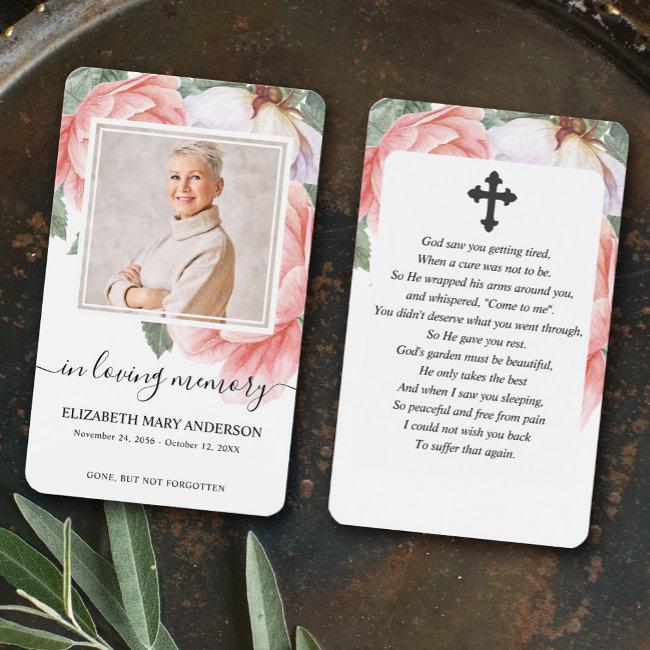 Pink Floral Photo Sympathy Funeral Prayer Invitations