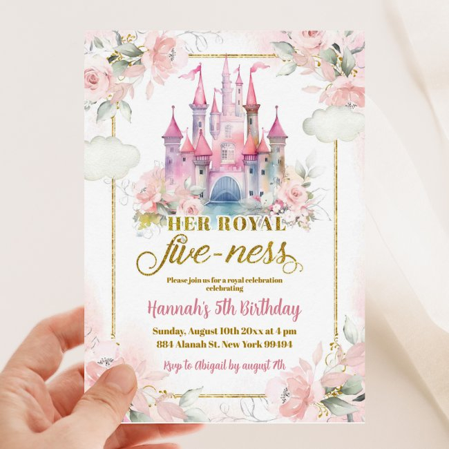 Pink Floral Princess Royal Castle 5th Birthday Invitation