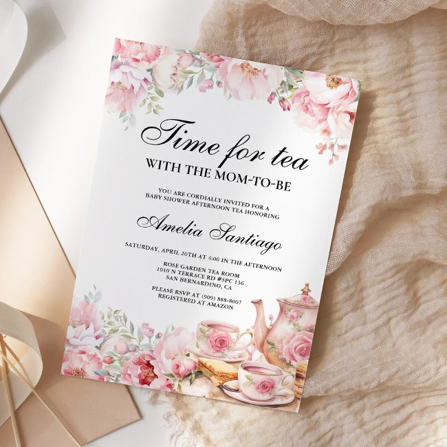Pink Floral Tea With Mom To Be Baby Shower Invitation