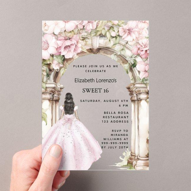 Pink Florals Arch Dress Clear Sweet 16 Acrylic Invitations
