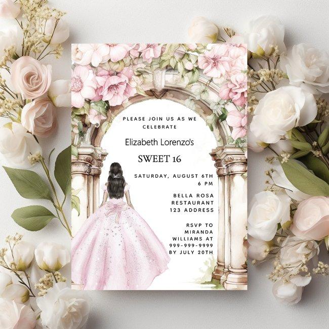 Pink Florals Arch Dress Sweet 16 Invitation