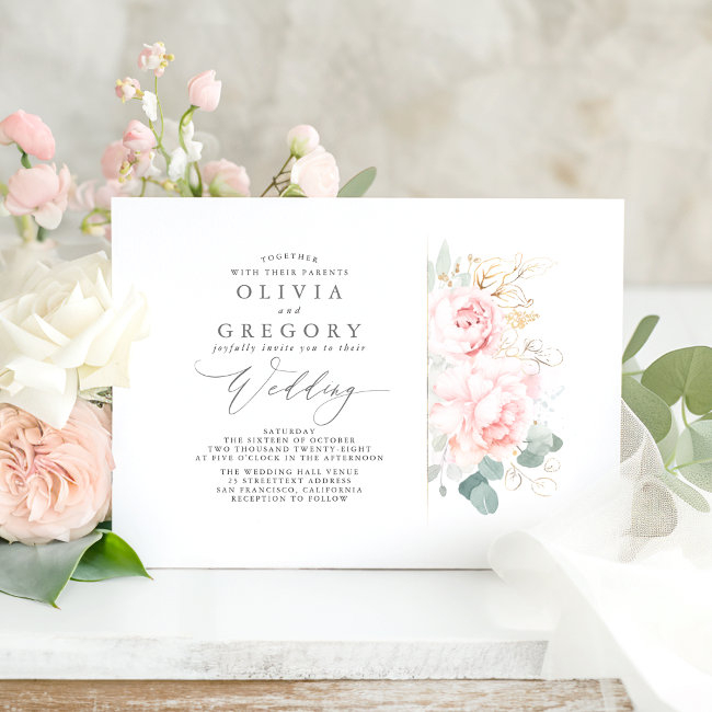 Pink Flowers And Gold Greenery Elegant Wedding Invitation