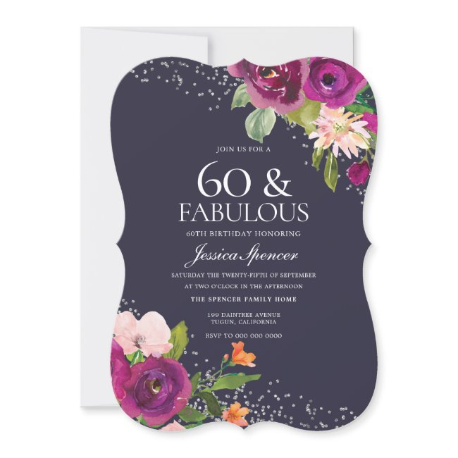 Pink Flowers Purple Back 60th Birthday Party Invitation