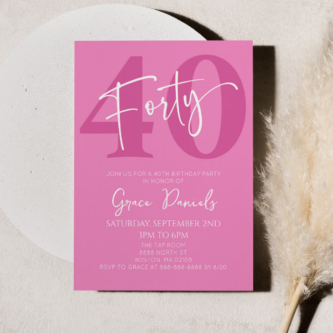 Pink Forty 40th Fortieth Birthday Party Invitation