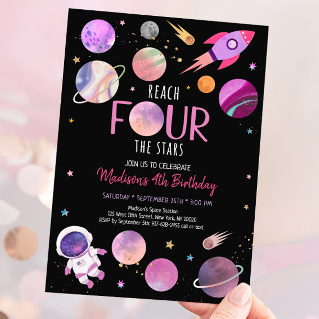 Pink Girl Astronaut Space Fourth Birthday Invitation