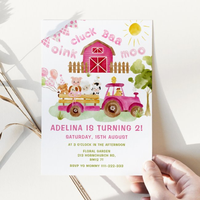 Pink Girl Farm Animals 2nd Birthday Party Invitation