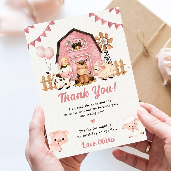 Pink Girl Farm Animals Birthday Thank You Invitations