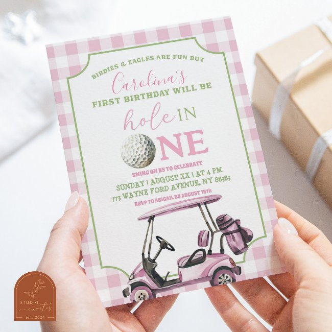 Pink Girl's Preppy Golf Hole In One First Birthday Invitation
