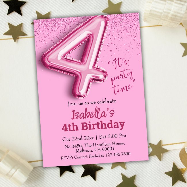 Pink Glitter Cute Balloon No.4 Girly 4th Birthday Invitation
